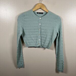 Zara Cropped Cardigan Sweater Size Small Blue Knit Twee Preppy Classic